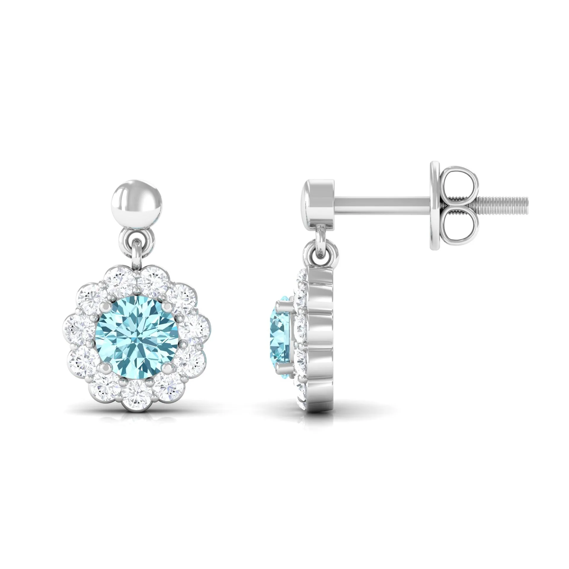 1 CT Real Aquamarine and Diamond Flower Halo Drop Earrings