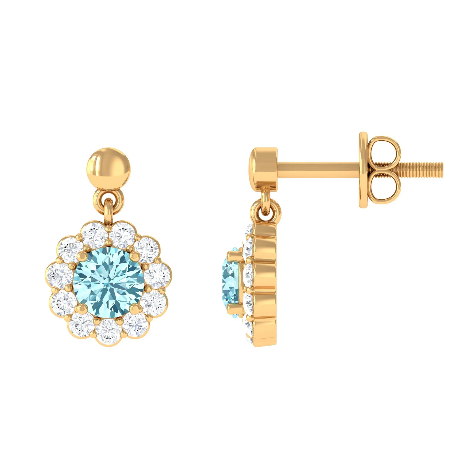 1 CT Real Aquamarine and Diamond Flower Halo Drop Earrings