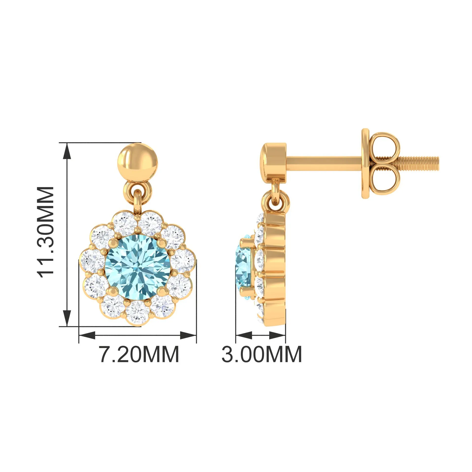 1 CT Real Aquamarine and Diamond Flower Halo Drop Earrings