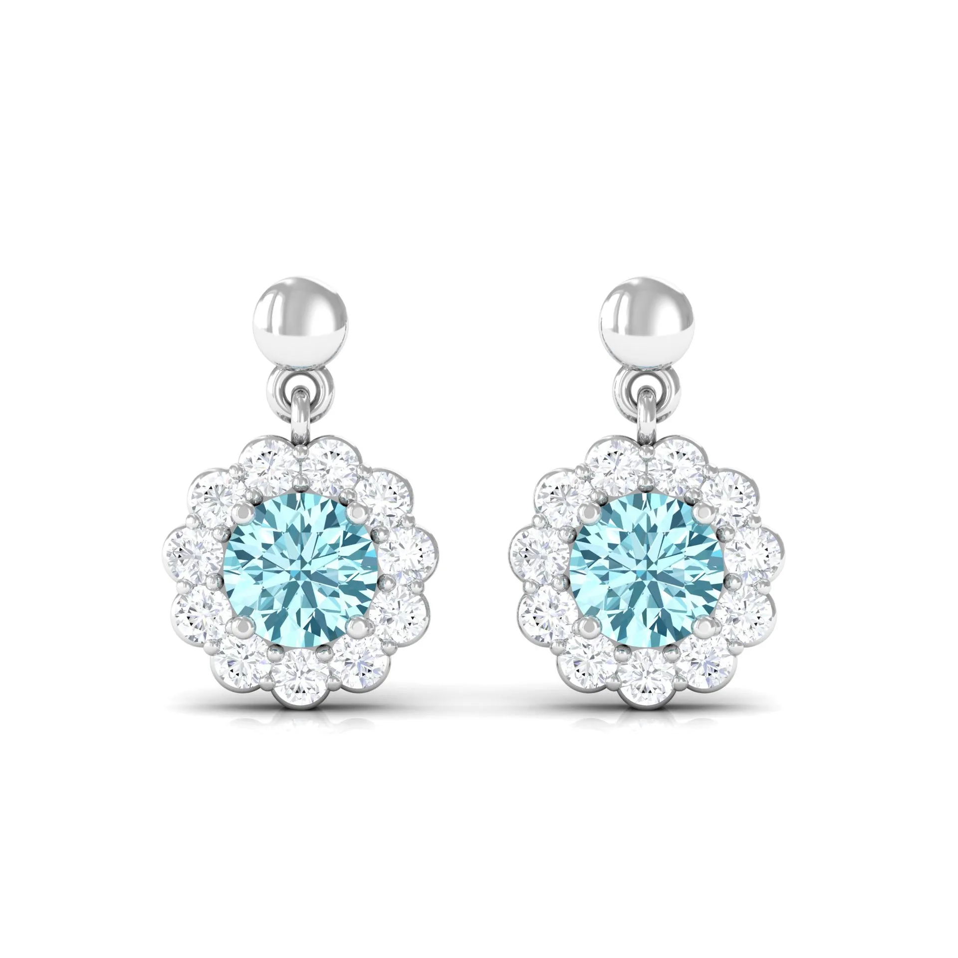 1 CT Real Aquamarine and Diamond Flower Halo Drop Earrings