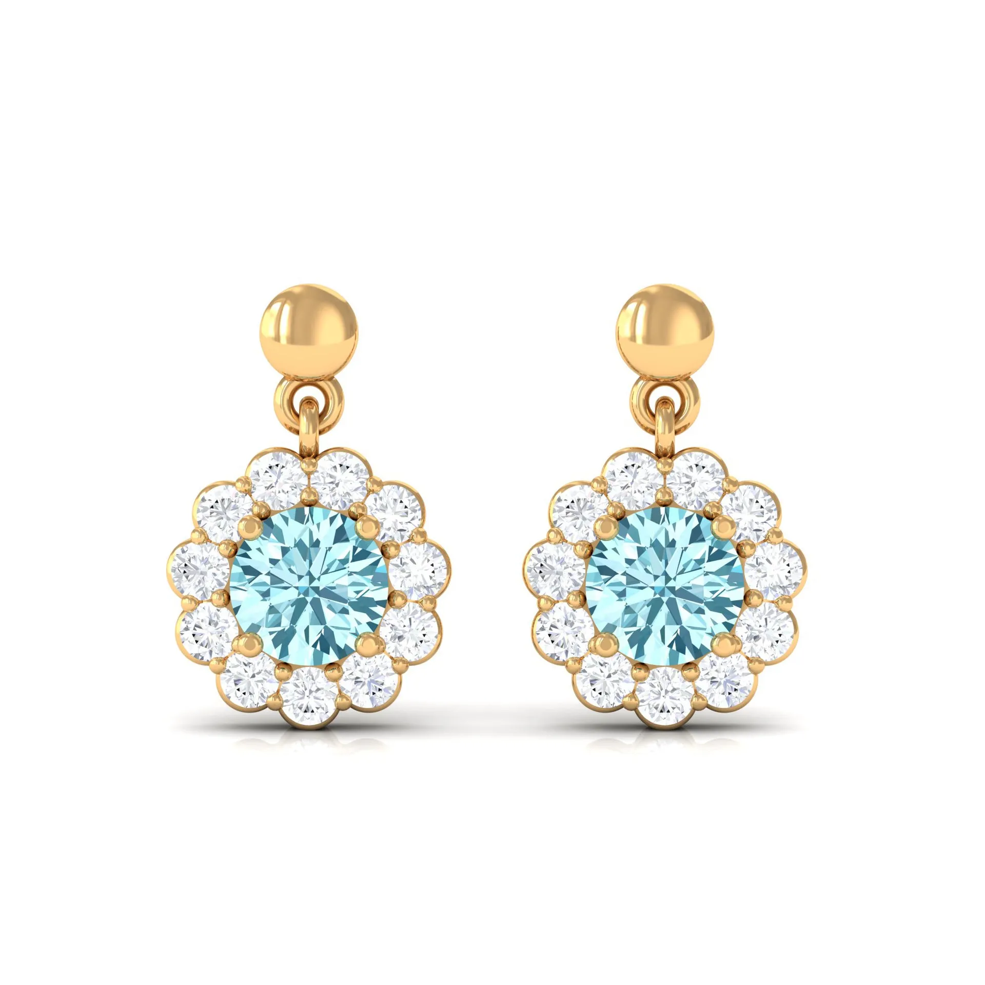 1 CT Real Aquamarine and Diamond Flower Halo Drop Earrings