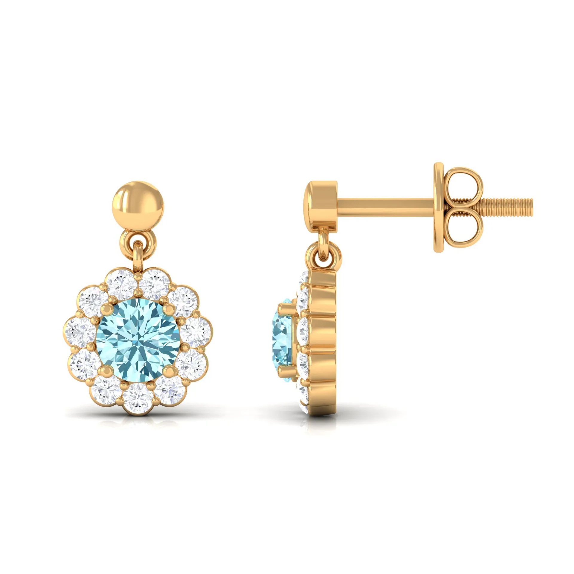 1 CT Real Aquamarine and Diamond Flower Halo Drop Earrings