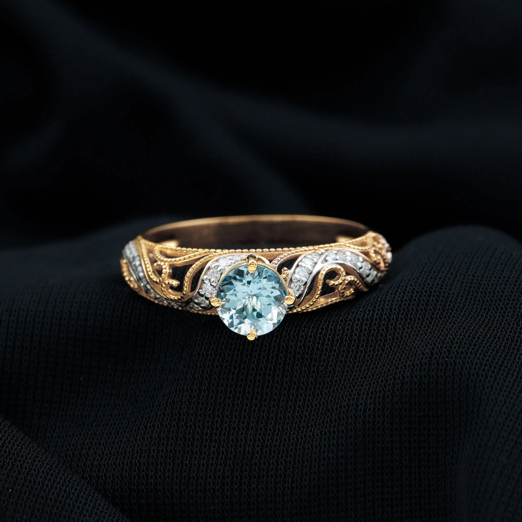 1 CT Vintage Engagement Ring with Aquamarine and Diamond