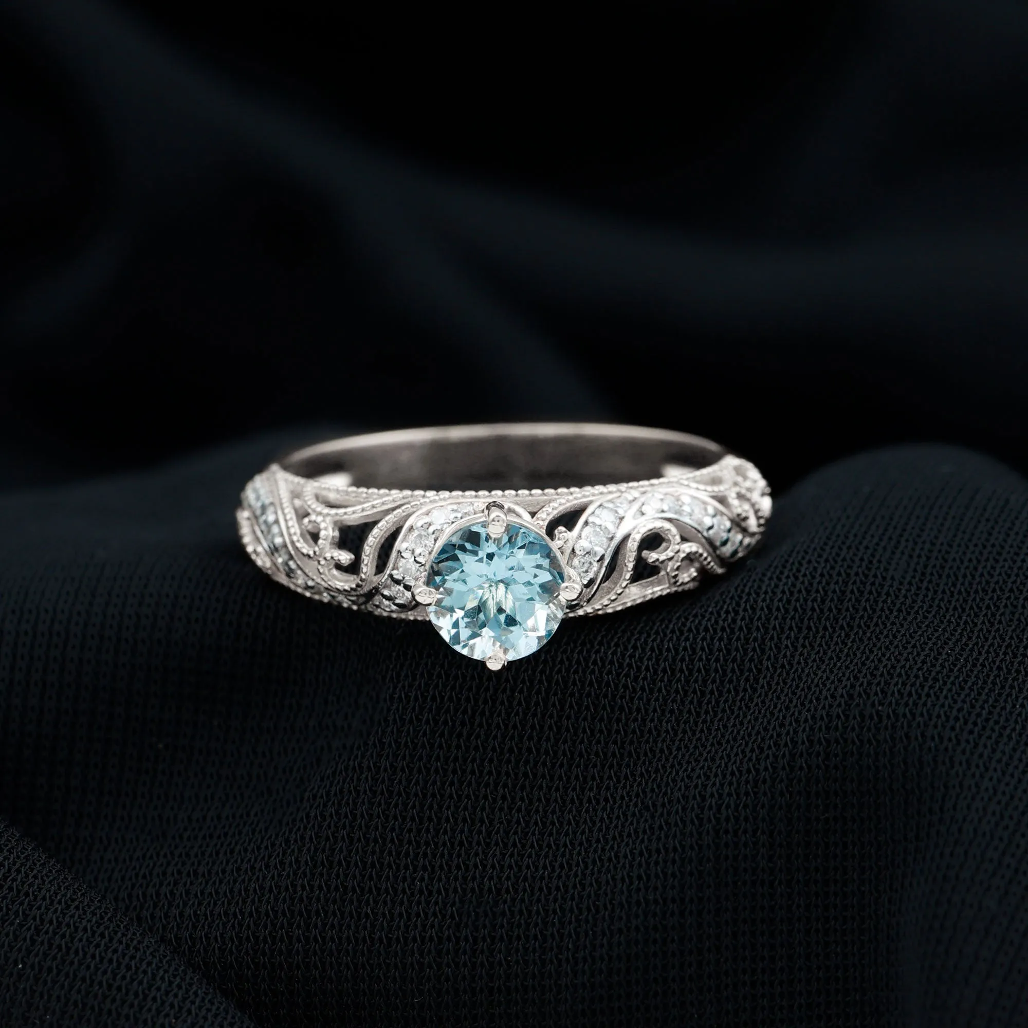 1 CT Vintage Engagement Ring with Aquamarine and Diamond