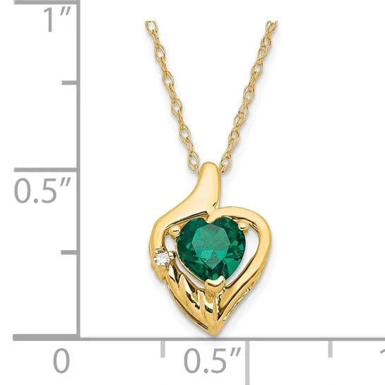 10k Yellow Gold Created Emerald and Diamond Heart Necklace
