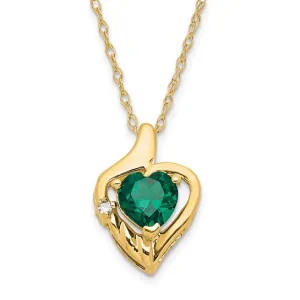 10k Yellow Gold Created Emerald and Diamond Heart Necklace