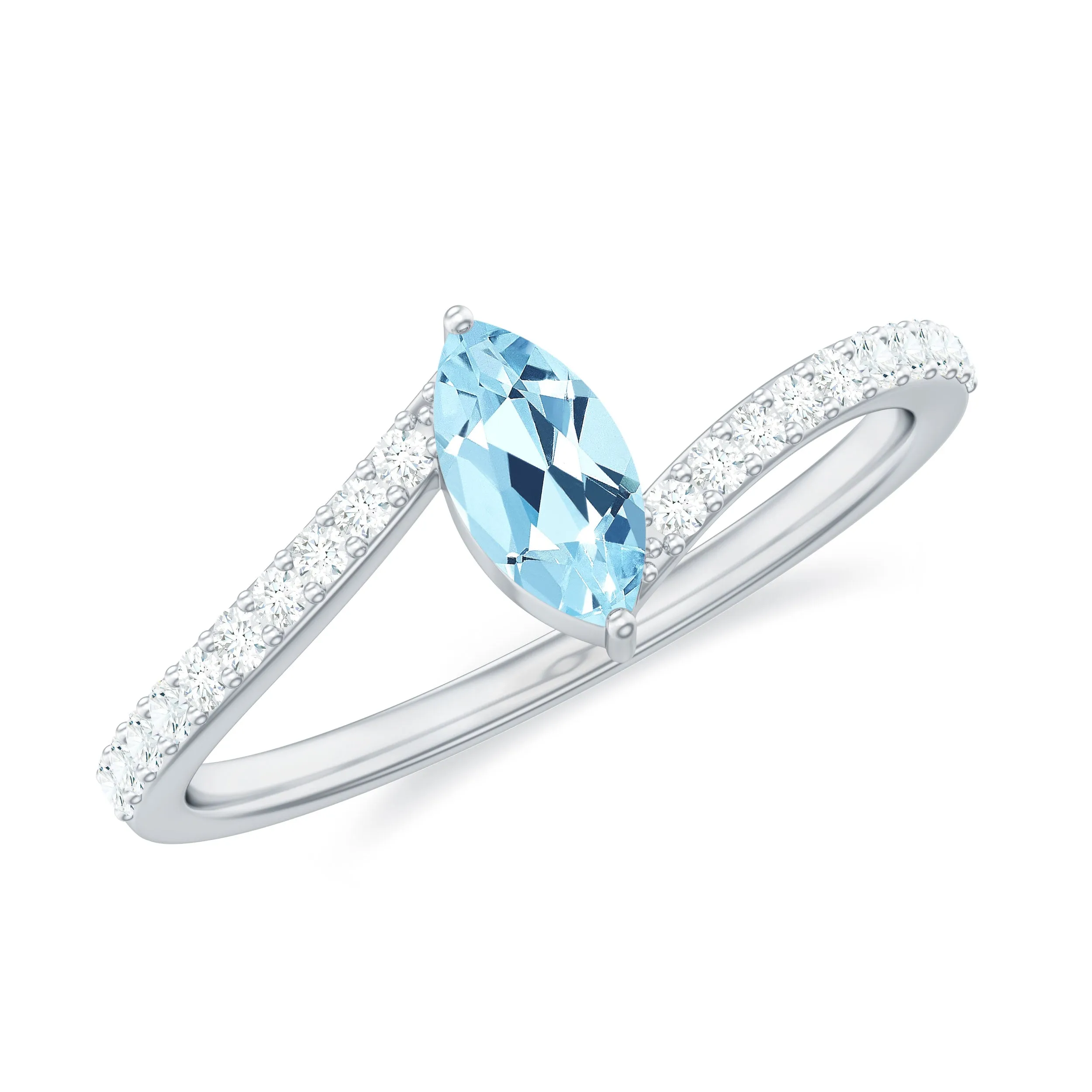 1/2 Ct Bypass Engagement Ring with Aquamarine and Diamond