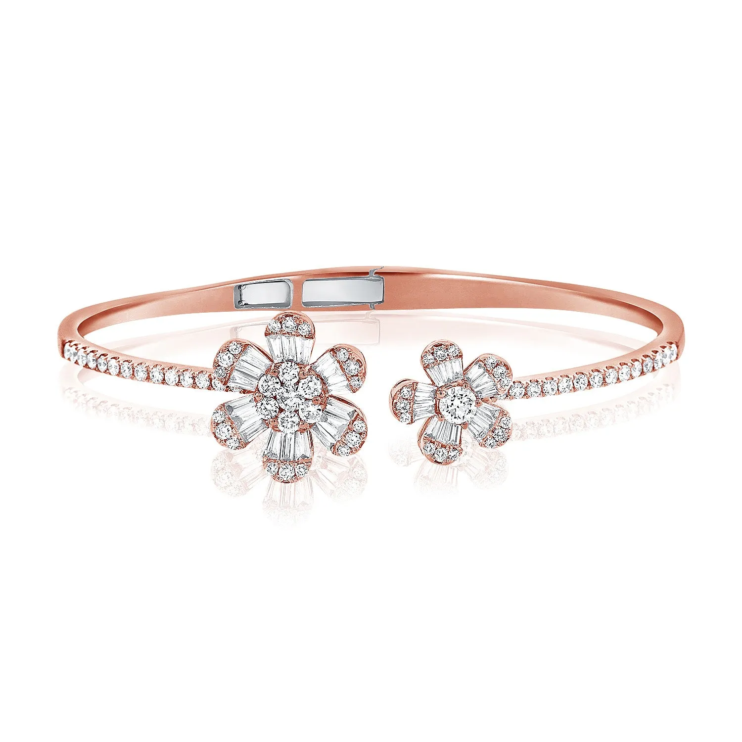 14K Rose Gold Baguette Double Flower Hinged Cuff Bracelet