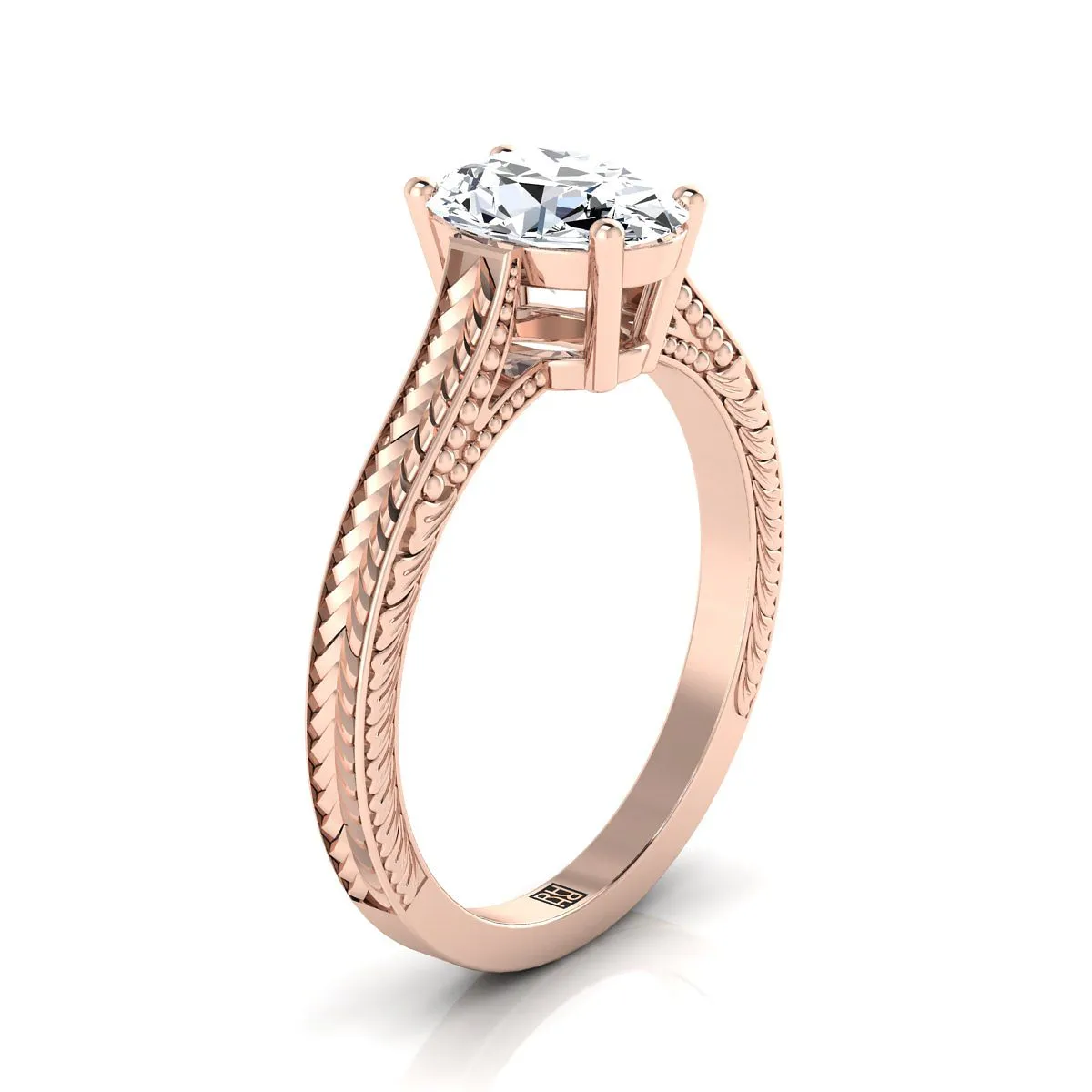 14K Rose Gold Oval Peridot Hand Engraved Vintage Cathedral Style Solitaire Engagement Ring