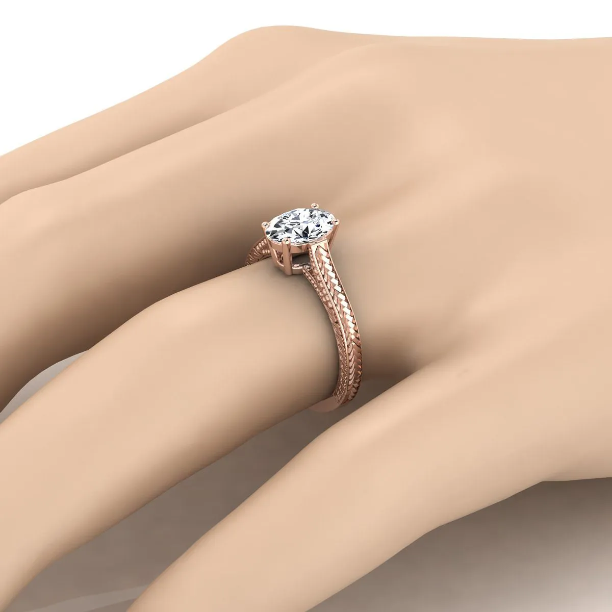 14K Rose Gold Oval Peridot Hand Engraved Vintage Cathedral Style Solitaire Engagement Ring