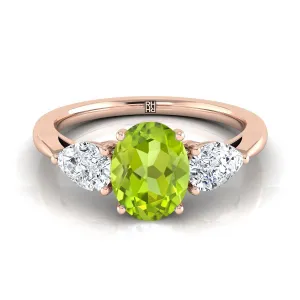 14K Rose Gold Oval Peridot Perfectly Matched Pear Shaped Three Diamond Engagement Ring -7/8ctw