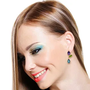 14K Solid Rose Gold Earrings w/ Amethysts, Peridots & Blue Topaz