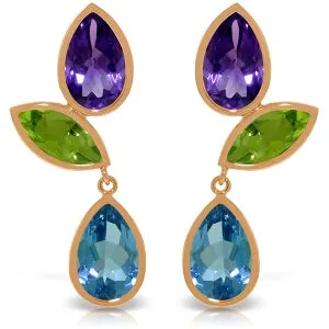 14K Solid Rose Gold Earrings w/ Amethysts, Peridots & Blue Topaz