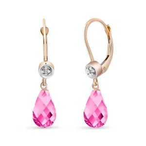 14K Solid Rose Gold Leverback Earrings Diamond & Pink Topaz Gemstone
