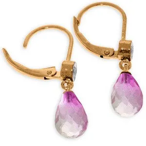 14K Solid Rose Gold Leverback Earrings Diamond & Pink Topaz Gemstone