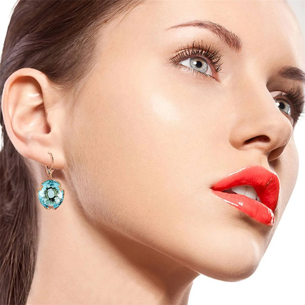 14K Solid Rose Gold Leverback Earrings Round Blue Topaz Jewelry
