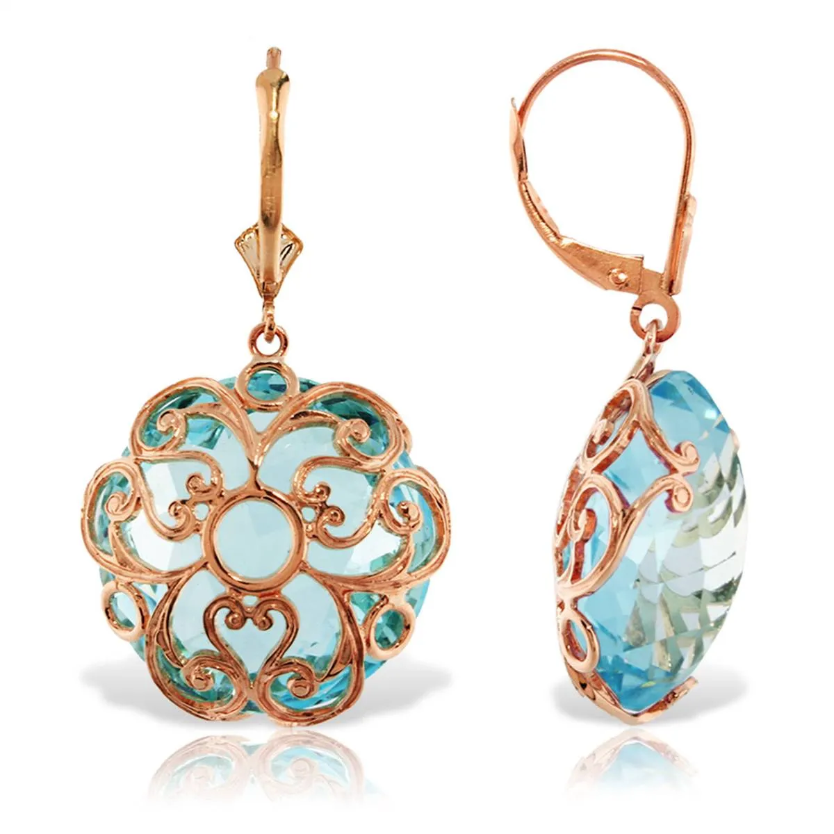 14K Solid Rose Gold Leverback Earrings Round Blue Topaz Jewelry