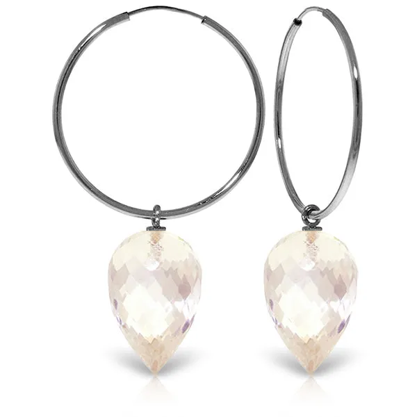 14K Solid White Gold Hoop Earrings w/ Pointy Briolette Drop White Topaz