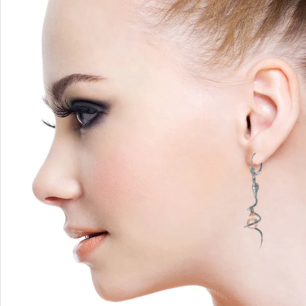 14K Solid White Gold Snake Earrings w/ Dangling Briolette Pink Topaz & Diamonds