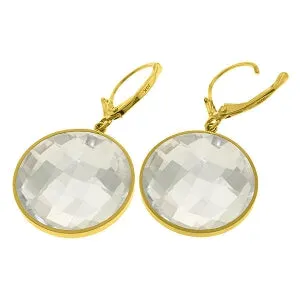 14K Solid Yellow Gold Leverback Checkerboard Cut Round White Topaz Earrings