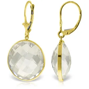 14K Solid Yellow Gold Leverback Checkerboard Cut Round White Topaz Earrings
