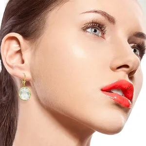 14K Solid Yellow Gold Leverback Checkerboard Cut Round White Topaz Earrings