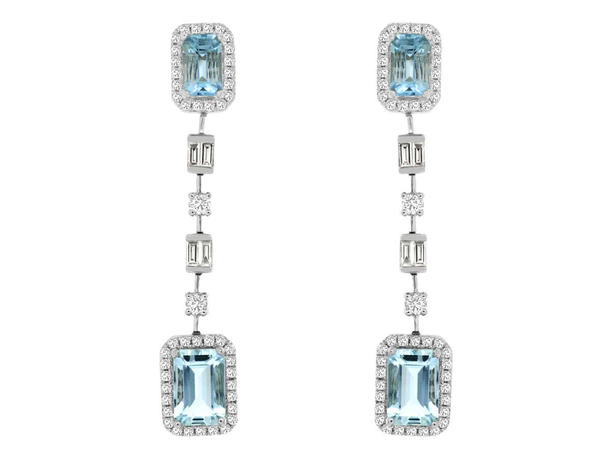 14K White Gold Aquamarine and Diamond Dangle Earrings