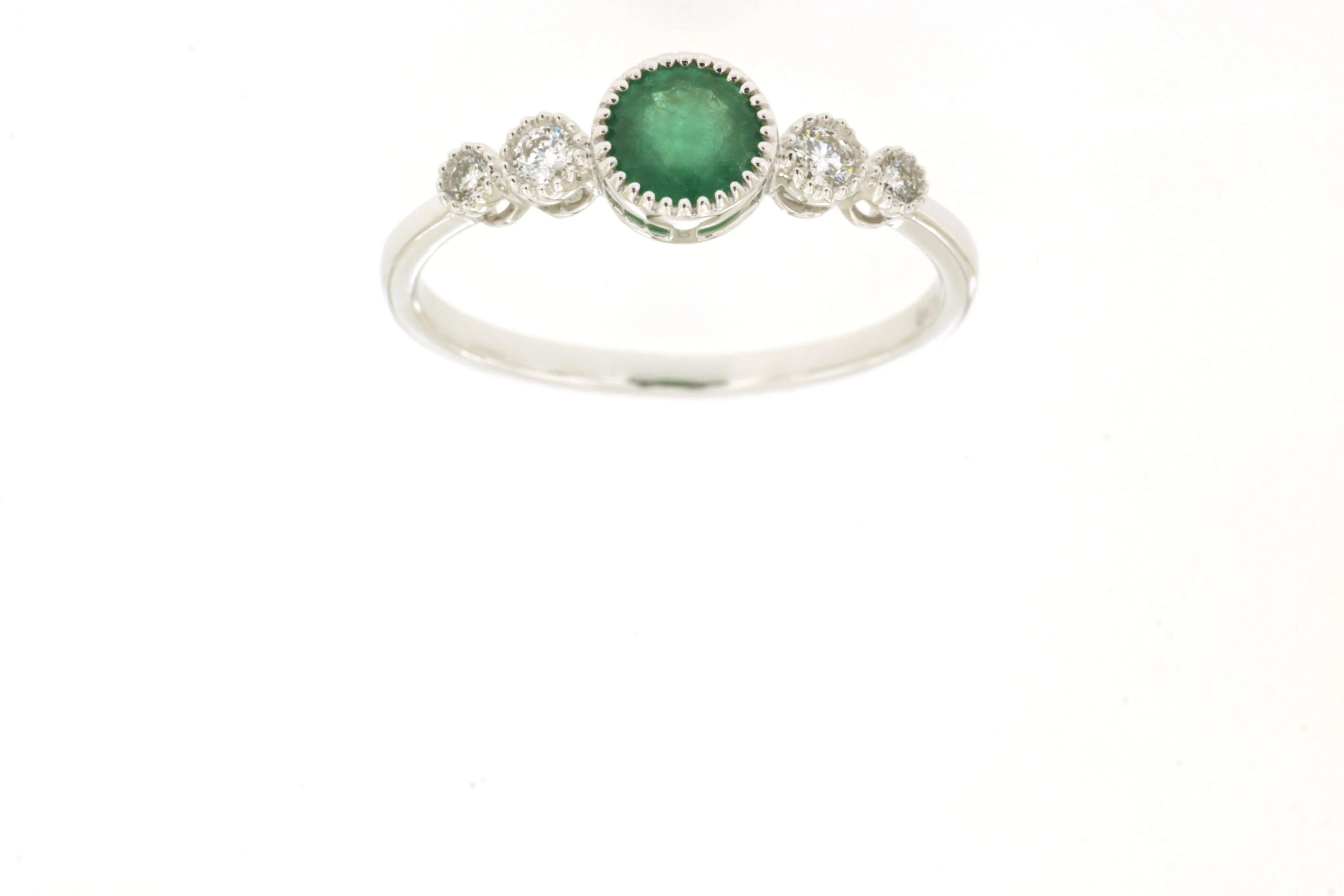 14K White Gold Bezel Set Emerald and Diamond Ring