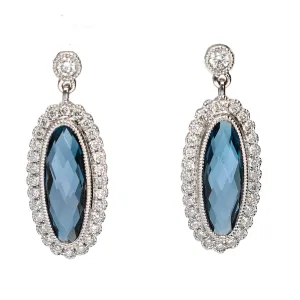 14K White Gold Checkerboard Cut Oval London Blue Topaz & Diamond Earrings