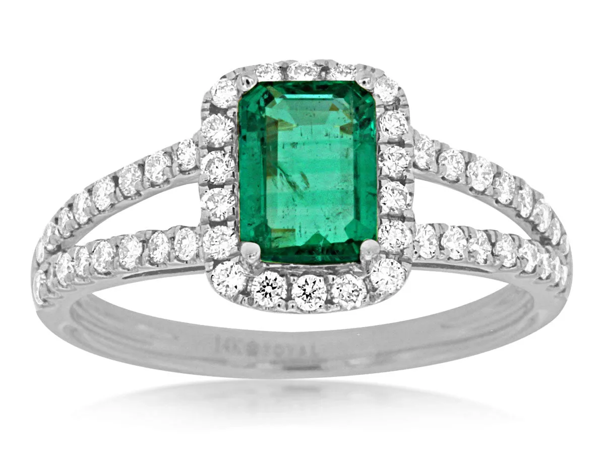 14K White Gold Emerald and Diamond Split Shank Ring