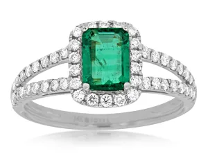 14K White Gold Emerald and Diamond Split Shank Ring