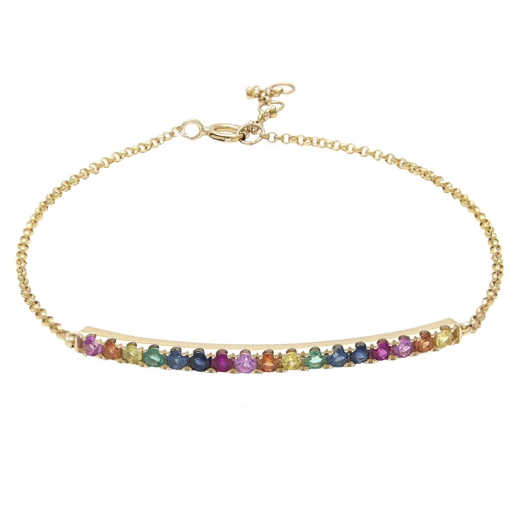 14K Yellow Gold Colored Stone Curved Bar Bracelet