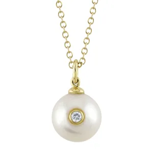 14K Yellow Gold Cultured Pearl with Inserted Bezel Set Diamond Pendant Necklace