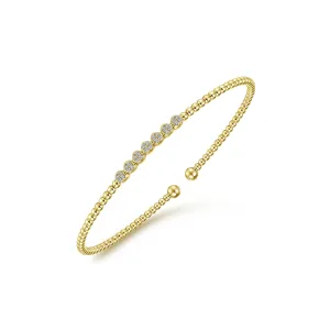 14K Yellow Gold Diamond Top Beaded Open Bangle