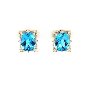 14k Yellow Gold Swiss Blue Topaz & Diamond Earrings (I8168)