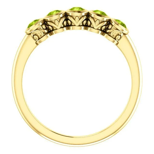 14KT GOLD .45 CTW ROUND PERIDOT BEZEL-SET 5 STONE RING