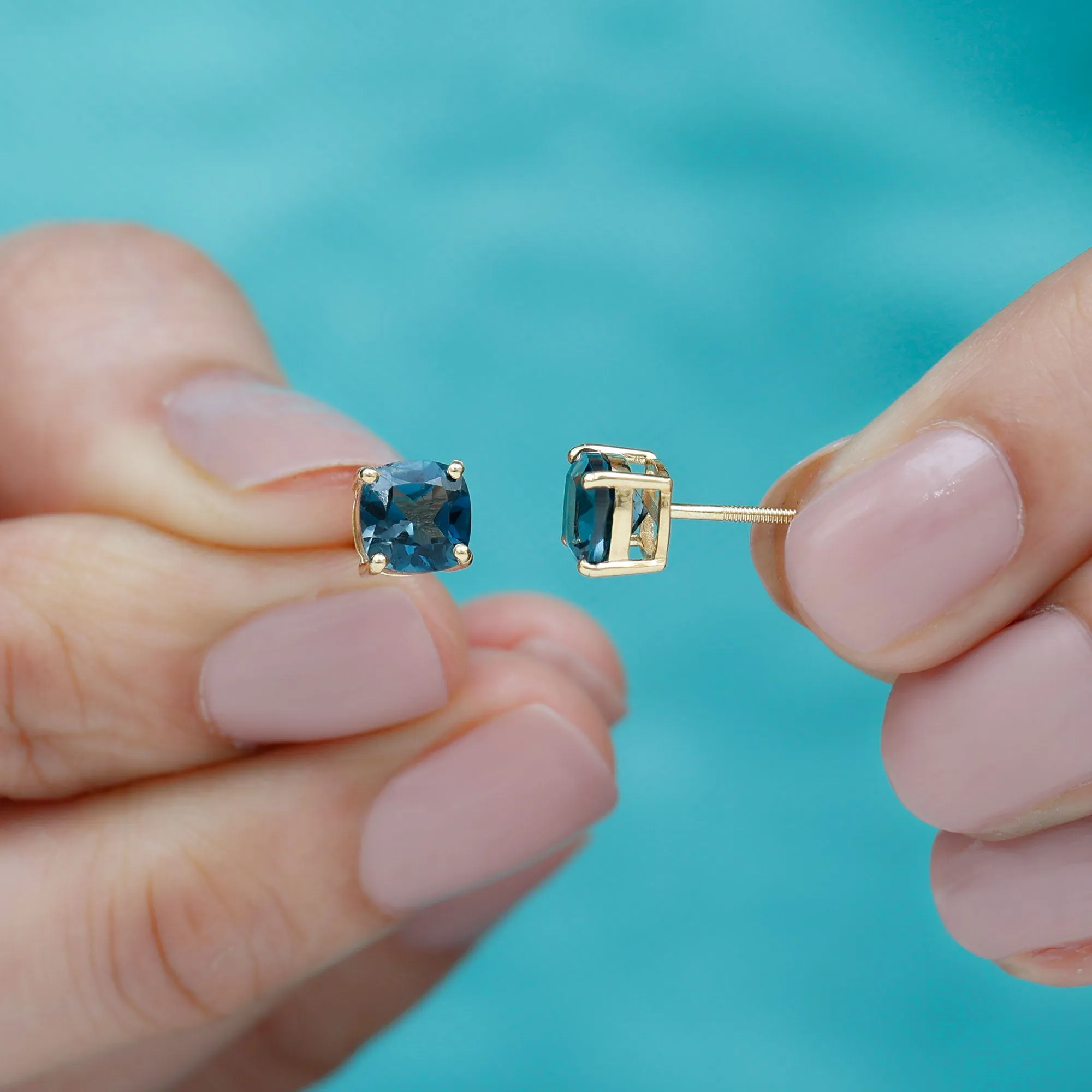 1.75 CT Cushion Cut Solitaire London Blue Topaz Stud Earrings