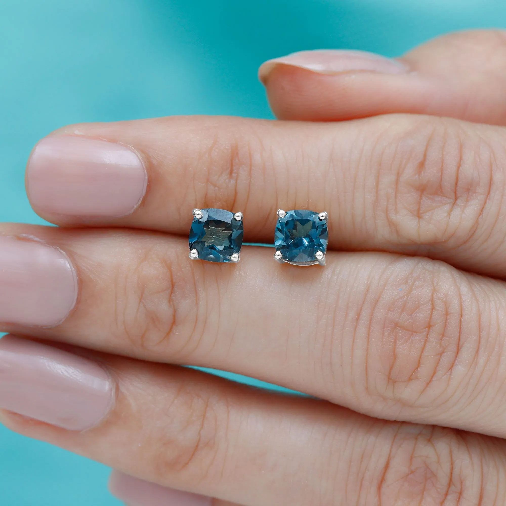1.75 CT Cushion Cut Solitaire London Blue Topaz Stud Earrings
