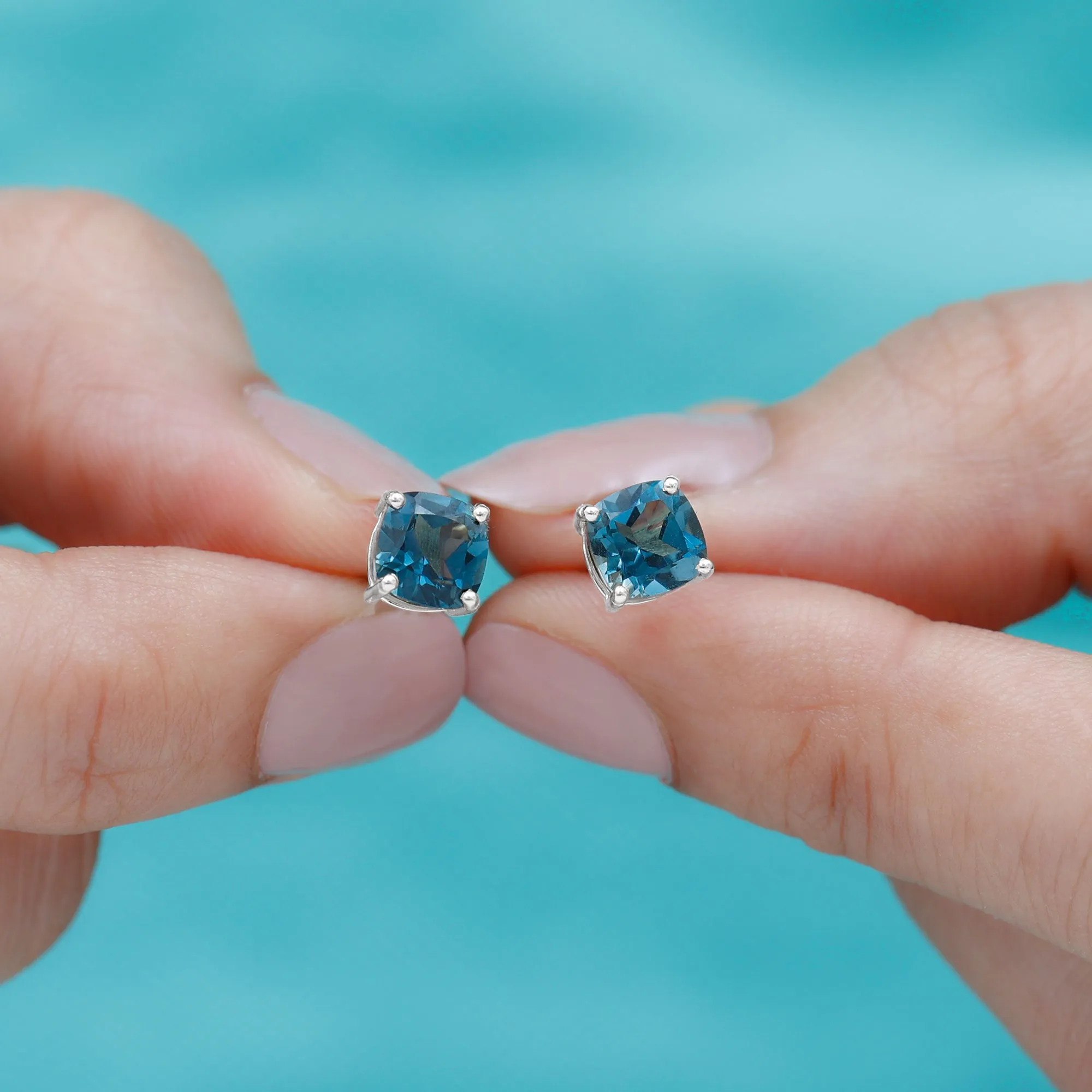 1.75 CT Cushion Cut Solitaire London Blue Topaz Stud Earrings