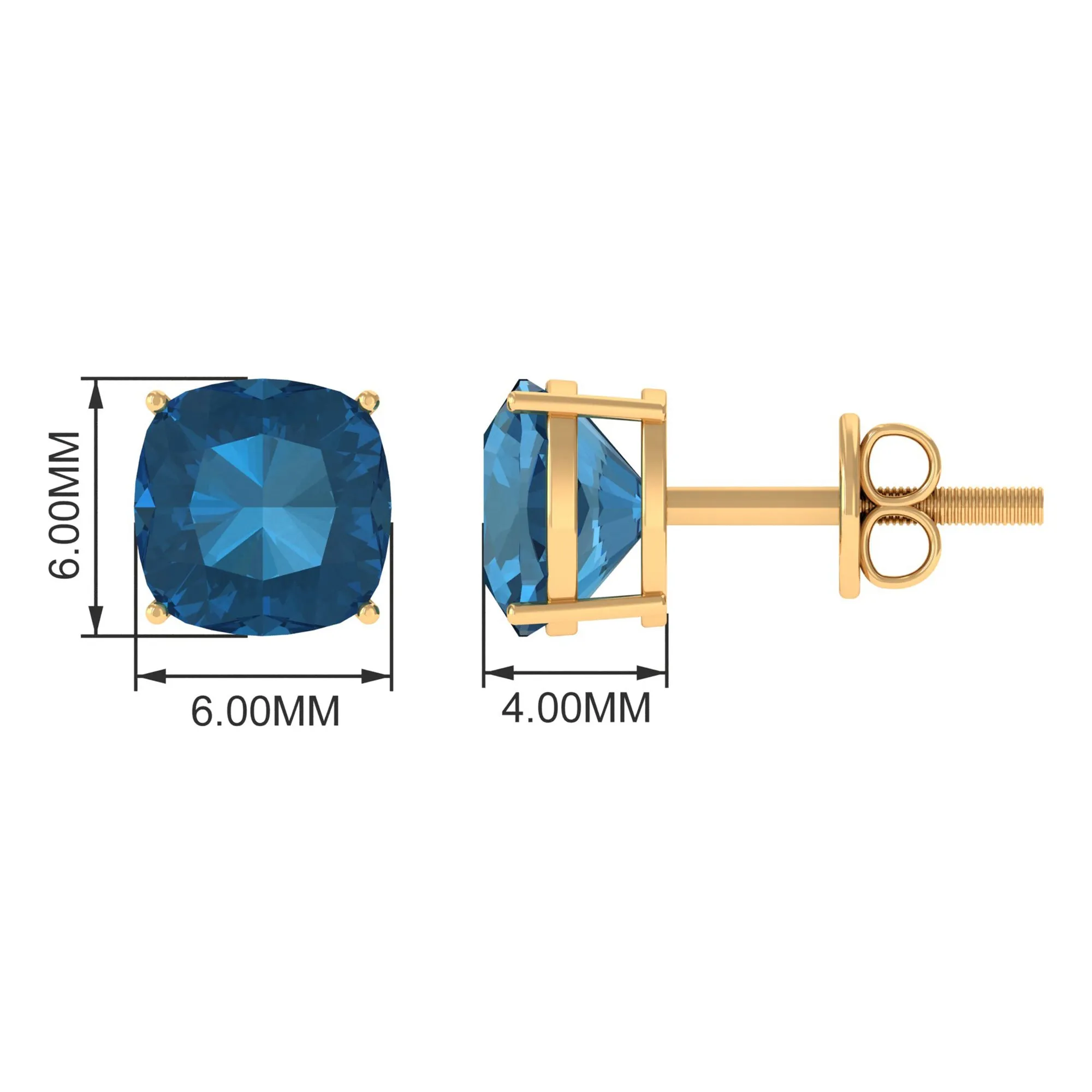 1.75 CT Cushion Cut Solitaire London Blue Topaz Stud Earrings