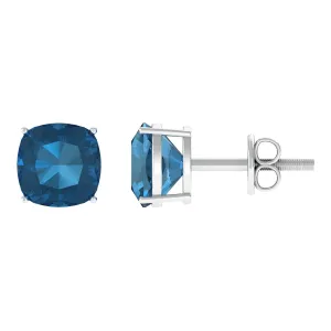 1.75 CT Cushion Cut Solitaire London Blue Topaz Stud Earrings