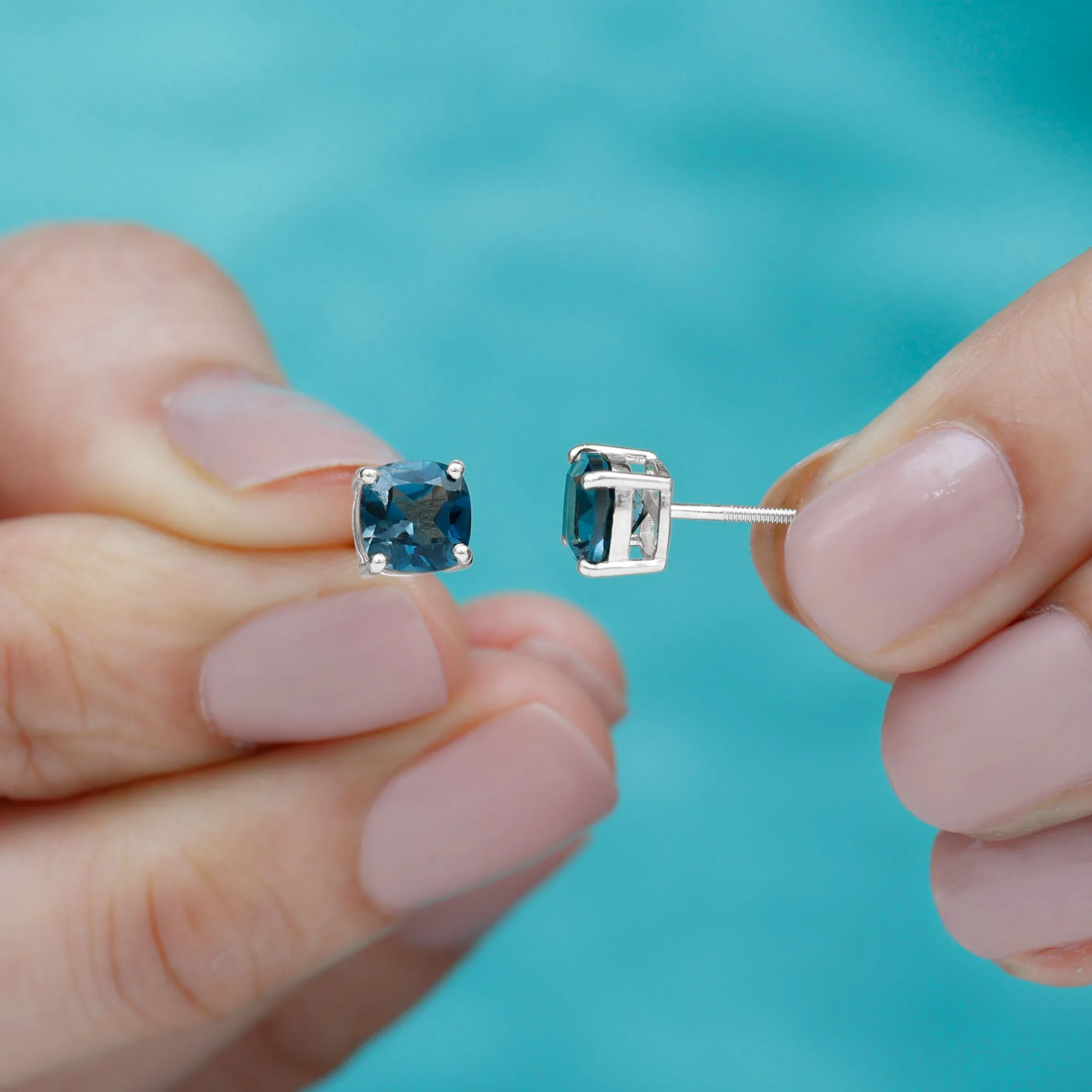1.75 CT Cushion Cut Solitaire London Blue Topaz Stud Earrings