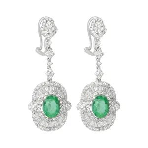 18K White Gold Diamond Emerald Earrings