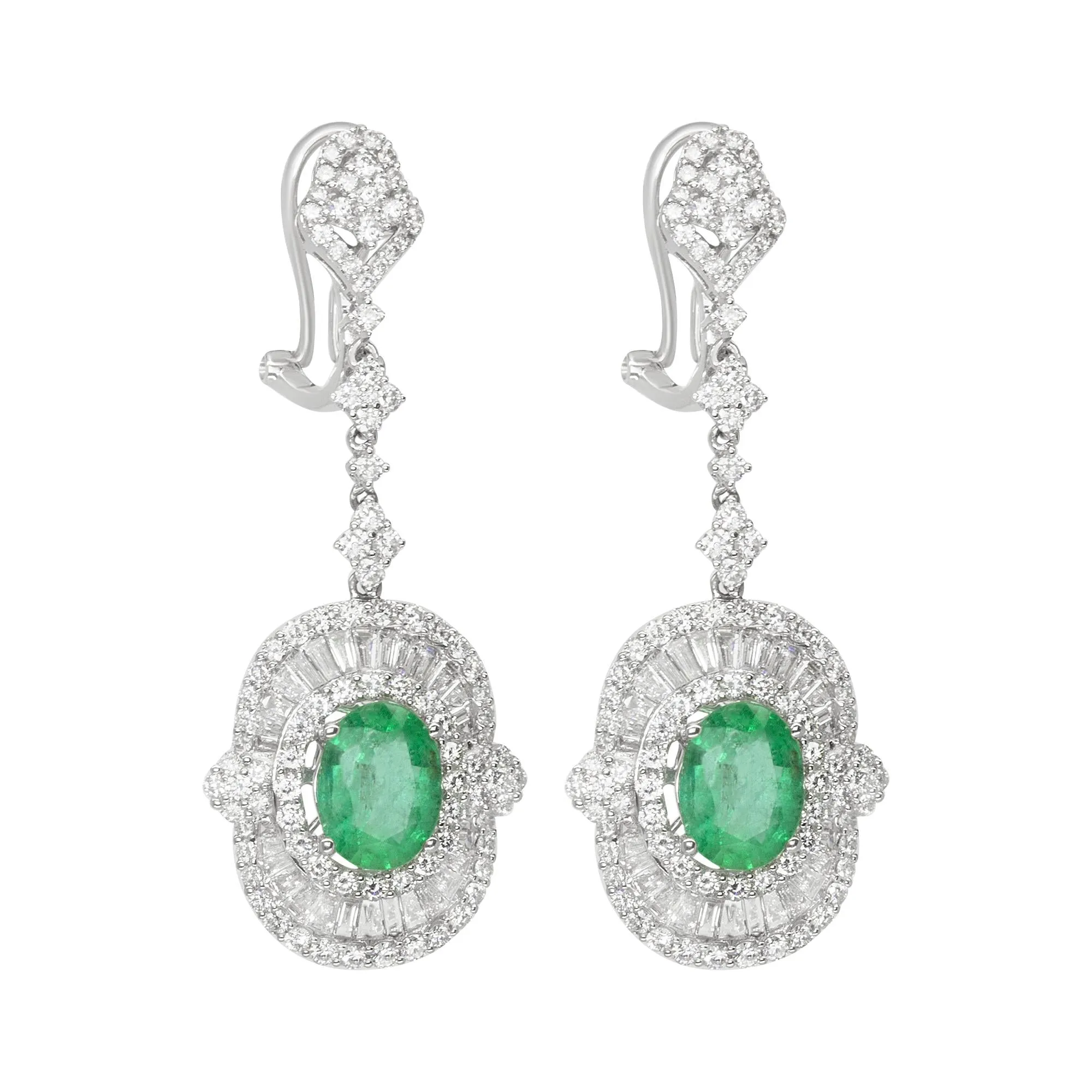 18K White Gold Diamond Emerald Earrings