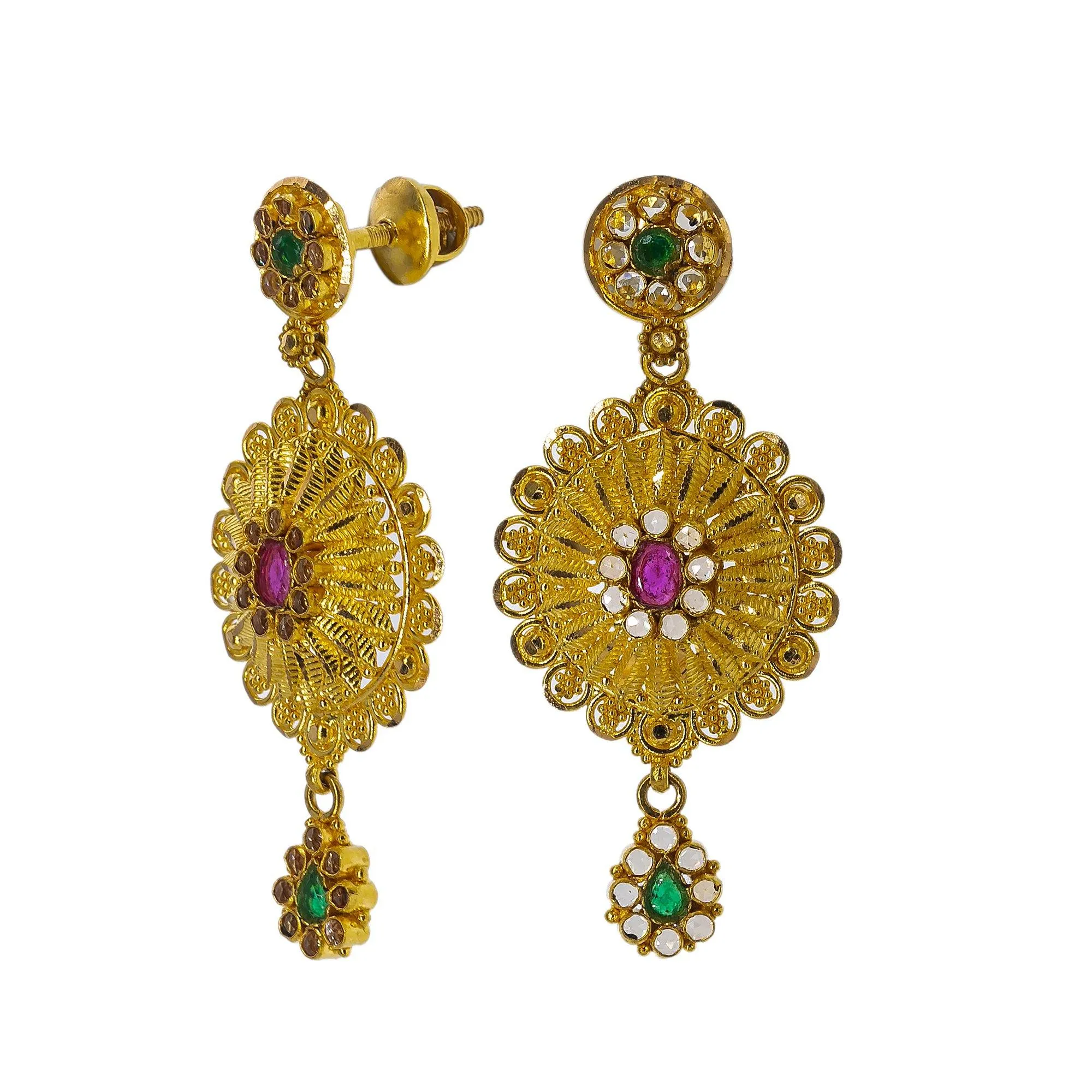 22K Yellow Gold Necklace Set W/ Emeralds, Rubies, CZ Gems & Large Flower Pendants