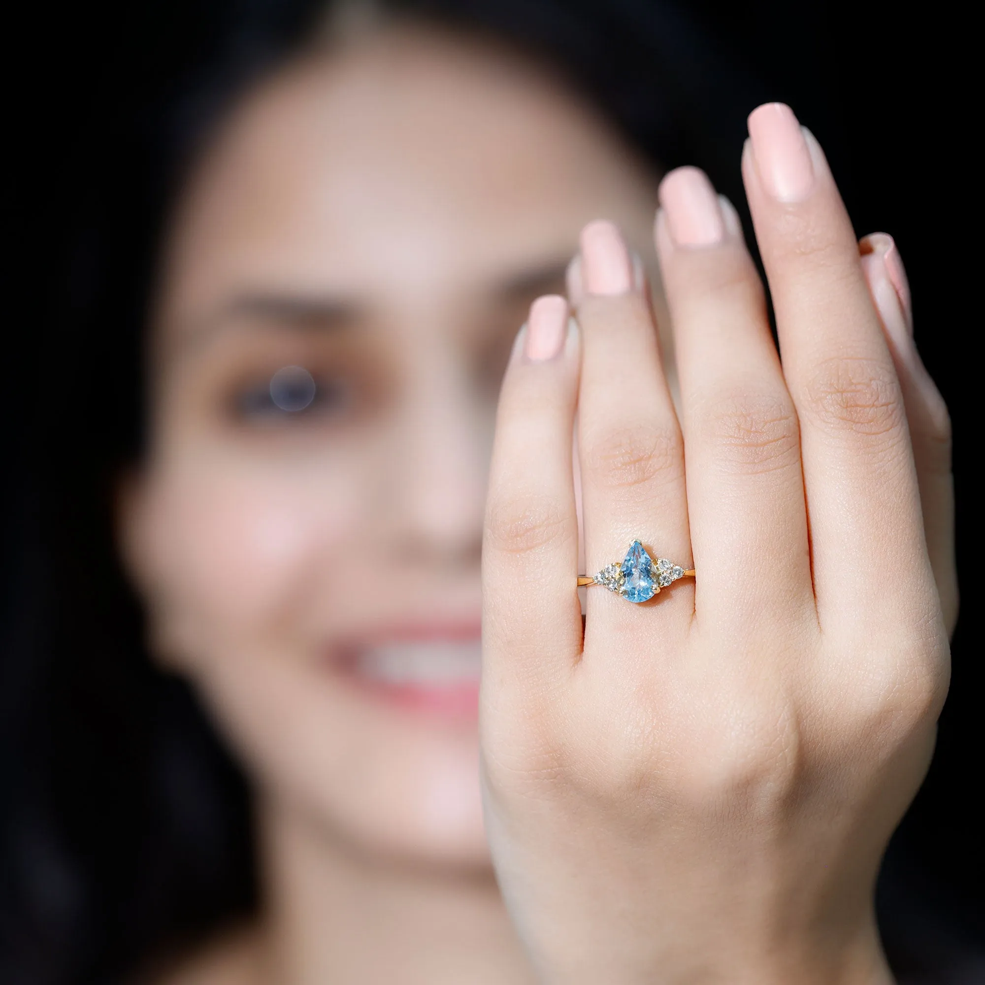3/4 CT Aquamarine Solitaire Engagement Ring with Diamond Trio