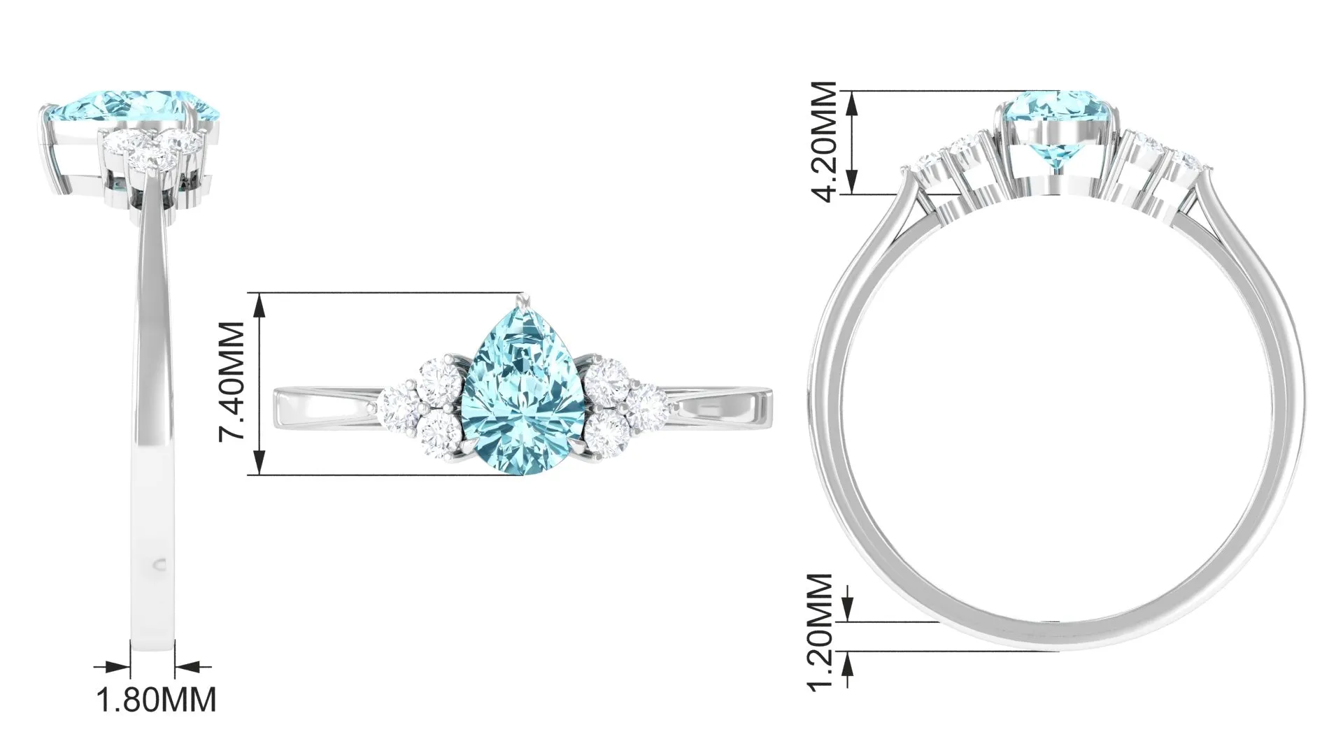 3/4 CT Aquamarine Solitaire Engagement Ring with Diamond Trio
