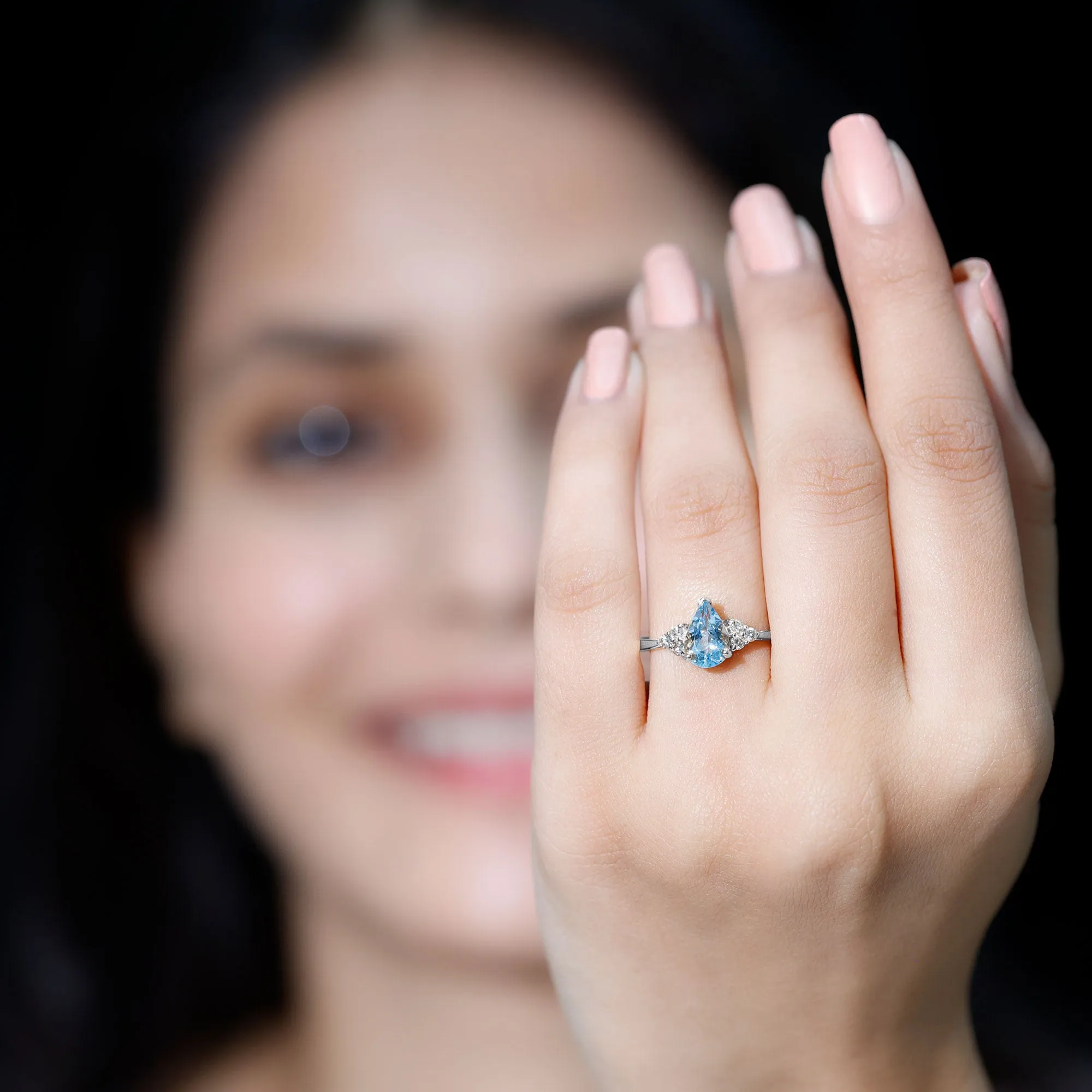 3/4 CT Aquamarine Solitaire Engagement Ring with Diamond Trio
