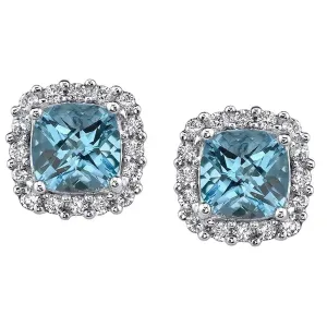3.50 CTTW Blue Topaz Cushion Cut Halo Studs Solid Sterling Silver Earrings