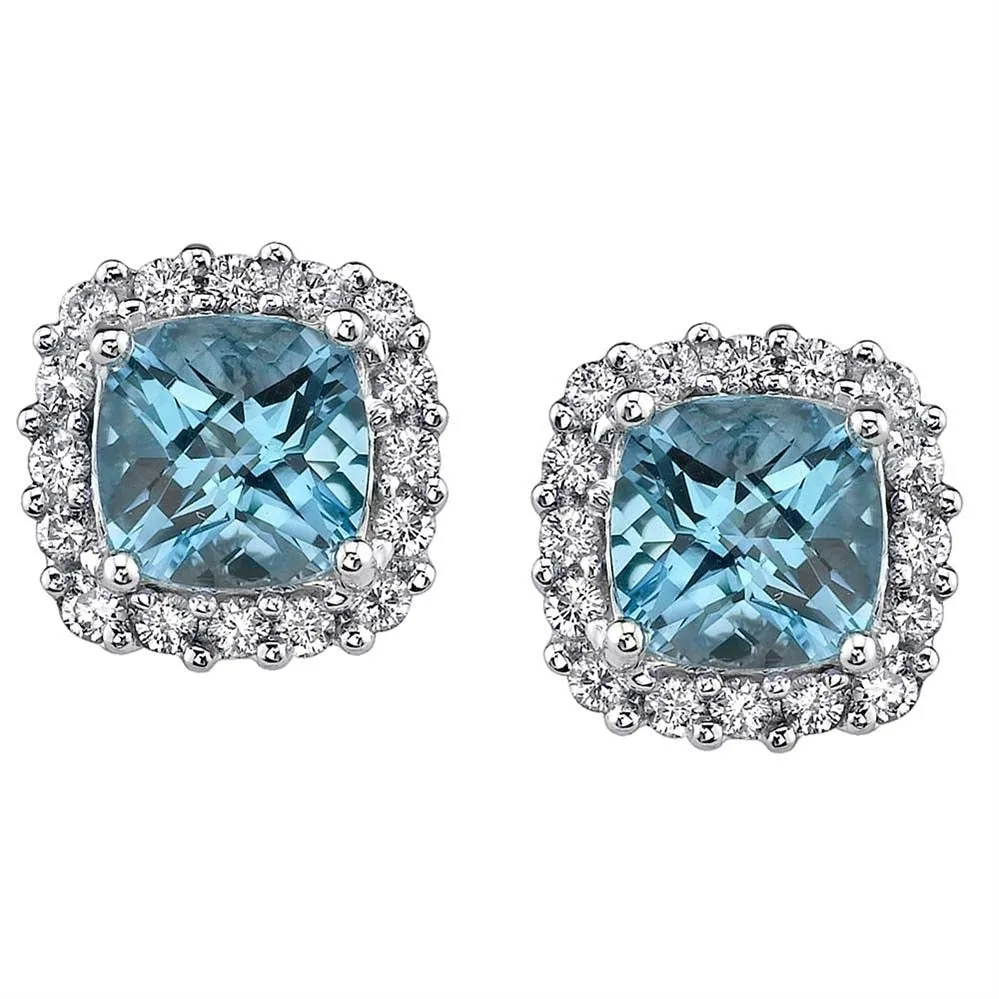 3.50 CTTW Blue Topaz Cushion Cut Halo Studs Solid Sterling Silver Earrings